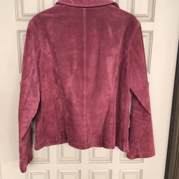 Chico's Design Jacket Sz 2 Magenta Suede Leather Designs Snap Front Zip Pockets - Picture 6 of 10
